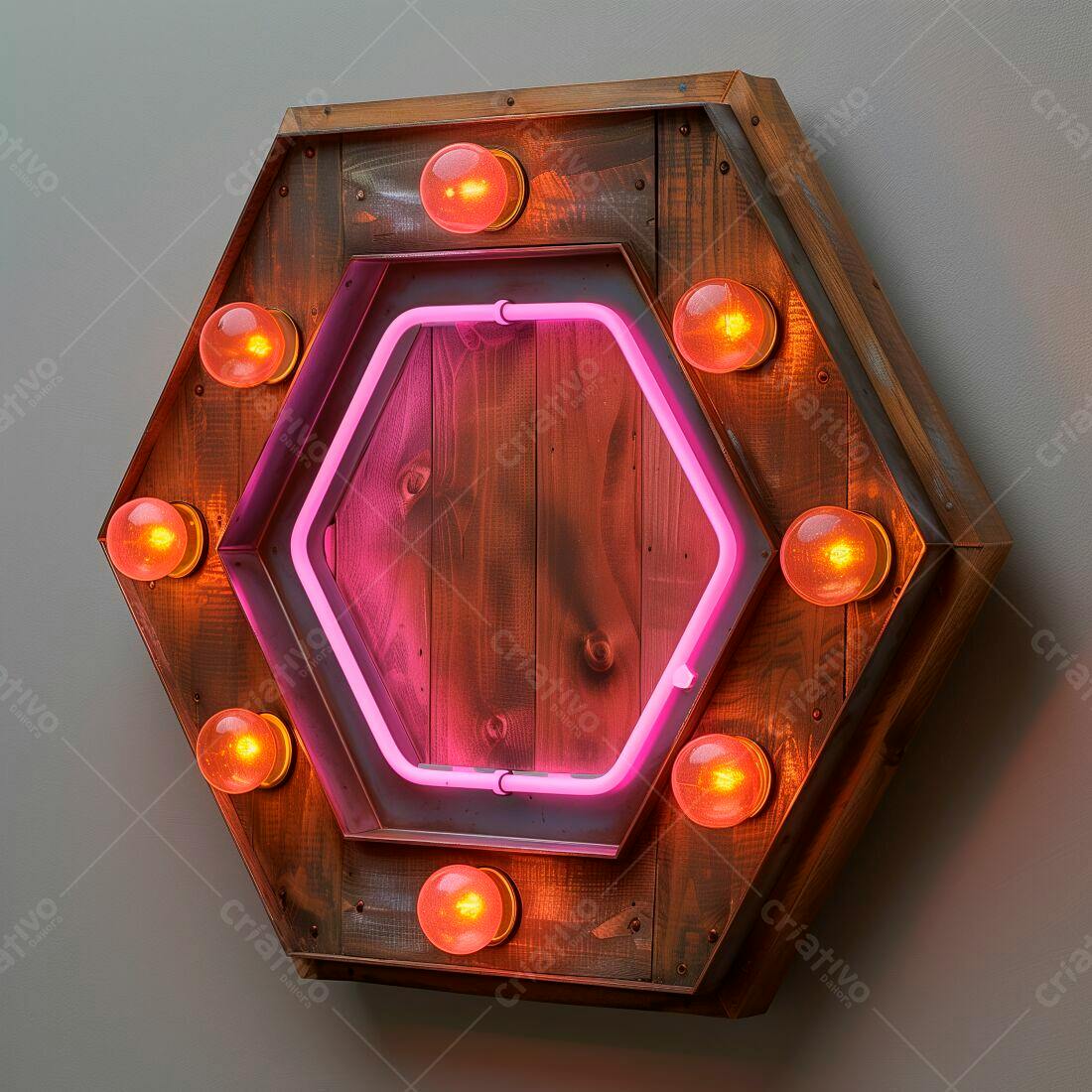 Luminária Hexagonal com Neon Rosa e Lâmpadas