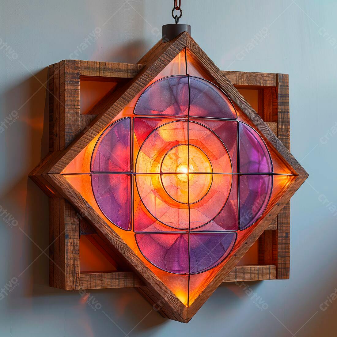 Luminária de madeira e vidro com tons laranja e roxo