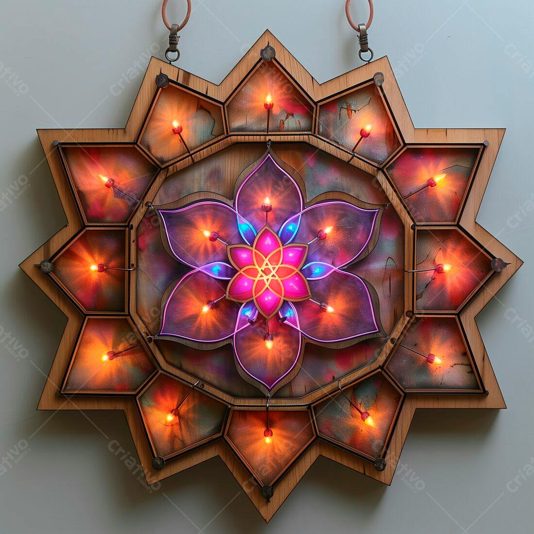 Arte em Madeira com Flor de Luz Neon