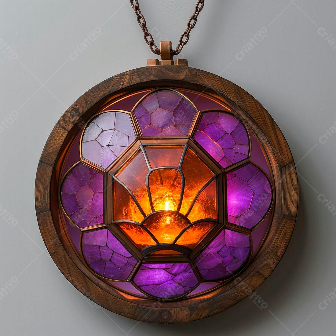 Luminária de madeira com vidro roxo e laranja