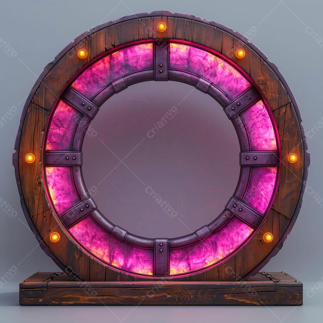 Portal mágico de madeira e metal com luz rosa