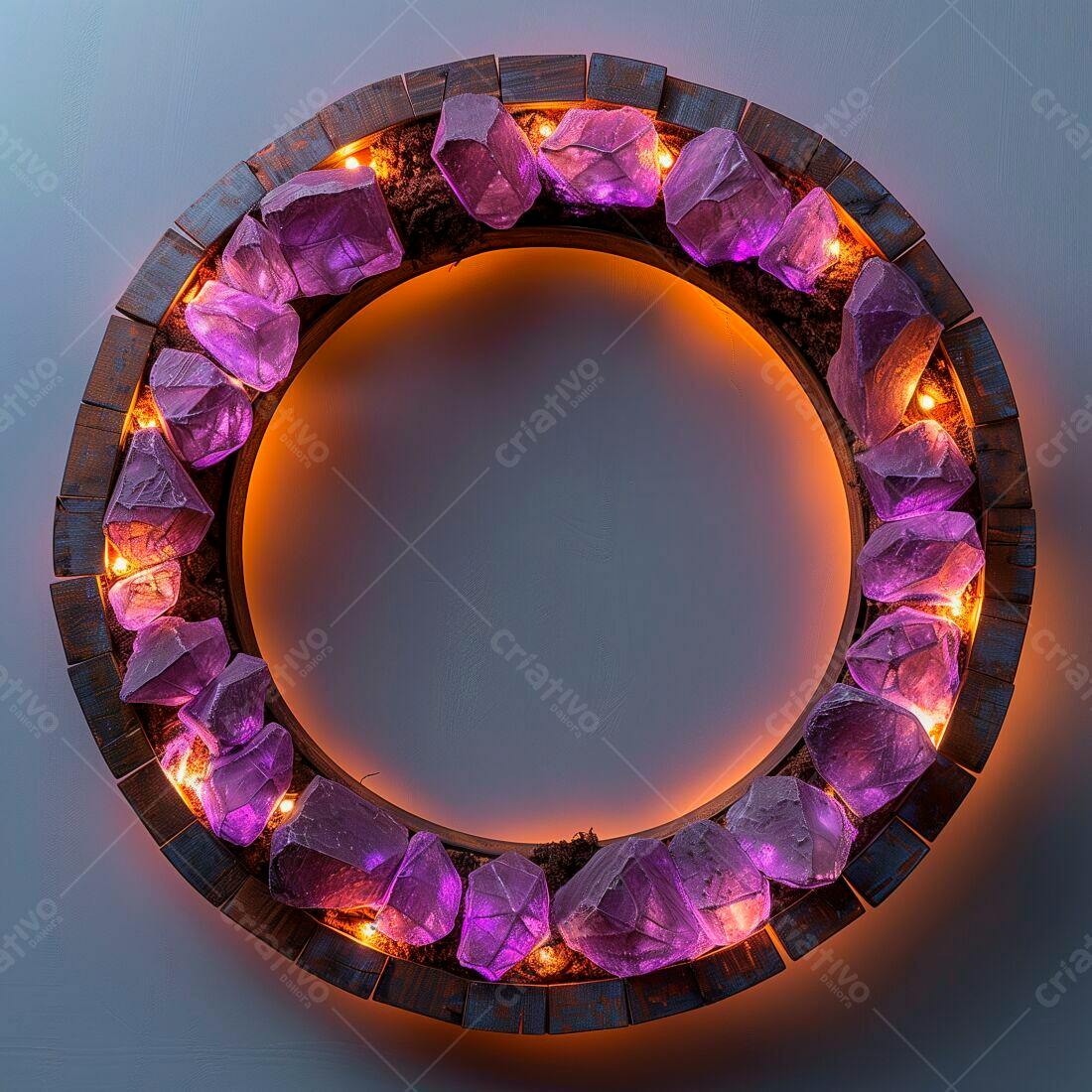 Luminária circular com cristais roxos e luzes quentes