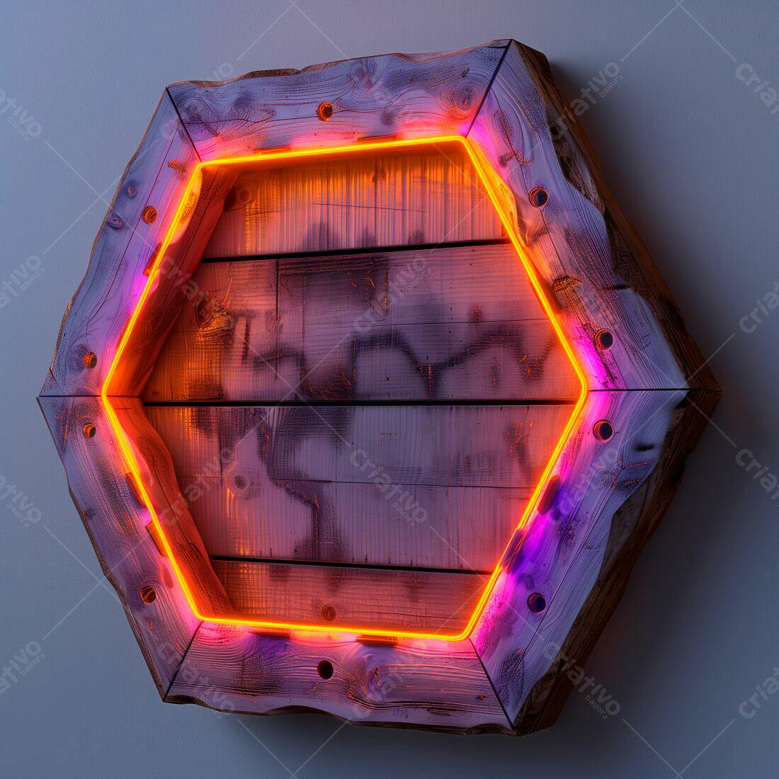 Placa de madeira hexagonal com iluminação neon