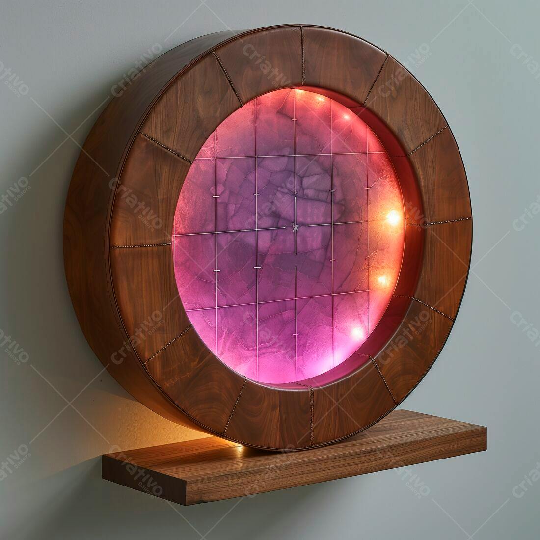 Luminária circular de madeira com iluminação interna rosa