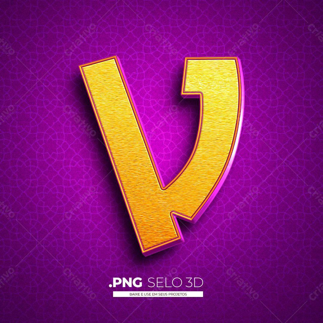 Selo 3D letra V dourado PNG com fundo transparente