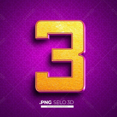 Selo 3D Número 3 Dourado PNG com fundo transparente
