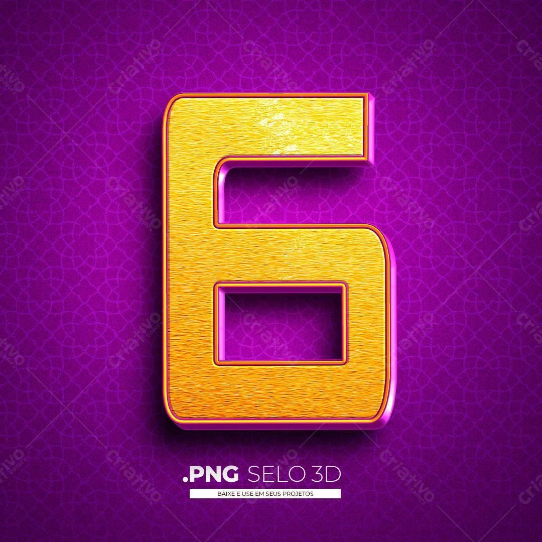 Selo 3D Número 6 PNG com fundo transparente