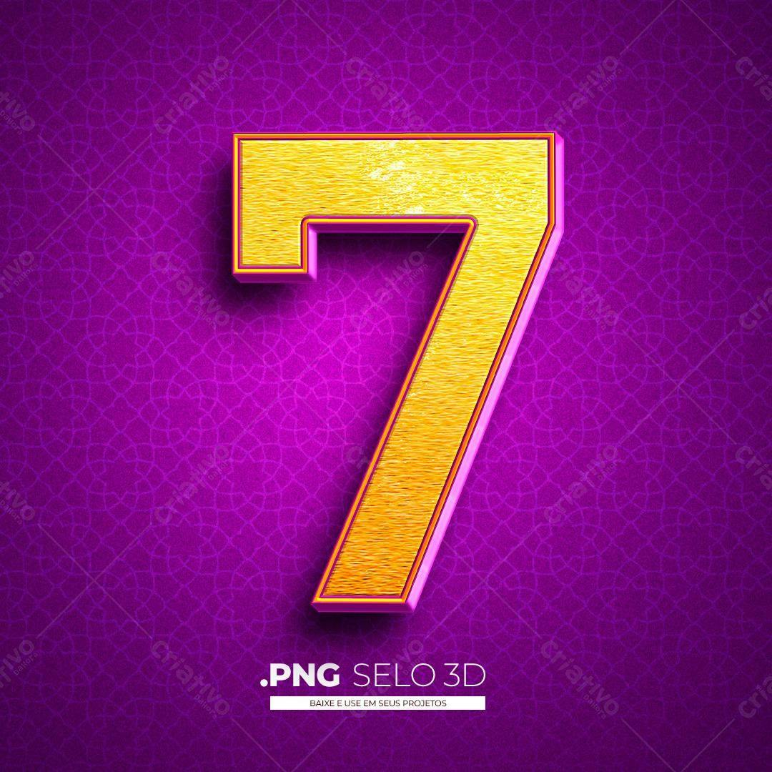 Selo 3D Número 7 Dourado PNG com fundo transparente