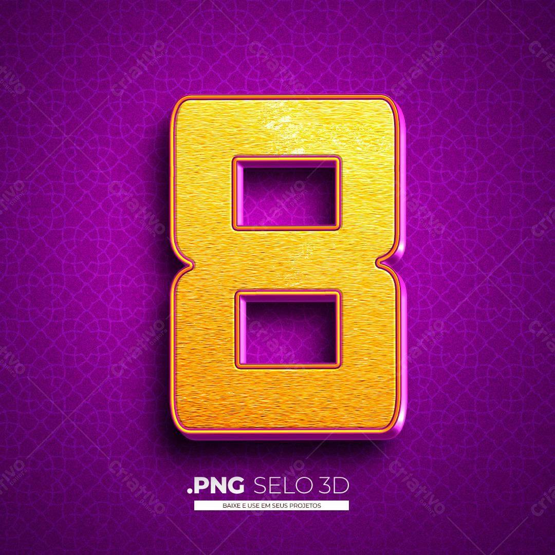 Selo 3D Número 8 Dourado PNG com fundo transparente