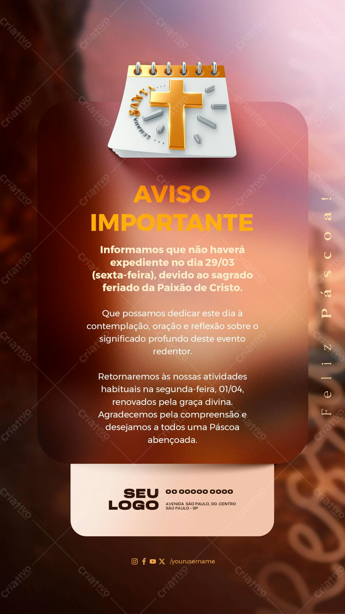 Flyer para Aviso de Feriado da Paixão de Cristo PSD Editável
