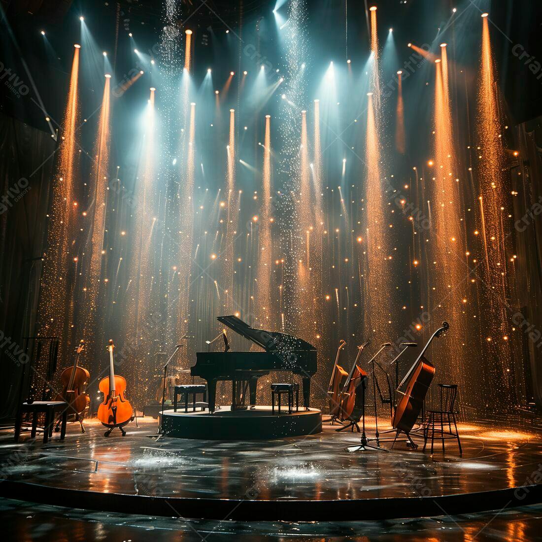 Piano e violoncelos em palco iluminado