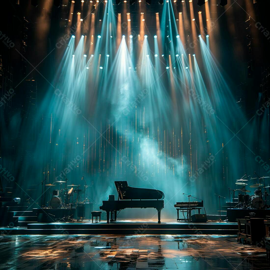 Piano de cauda em palco iluminado