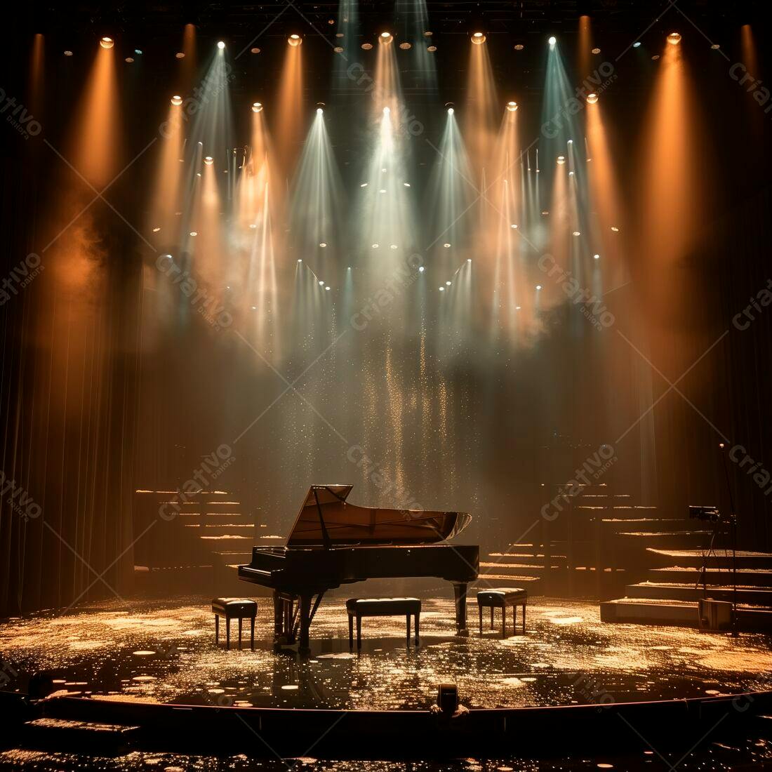 Piano de cauda em palco iluminado