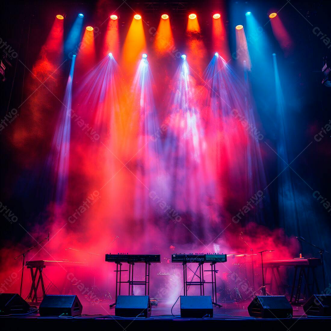 Palco de show com iluminação vermelha e azul