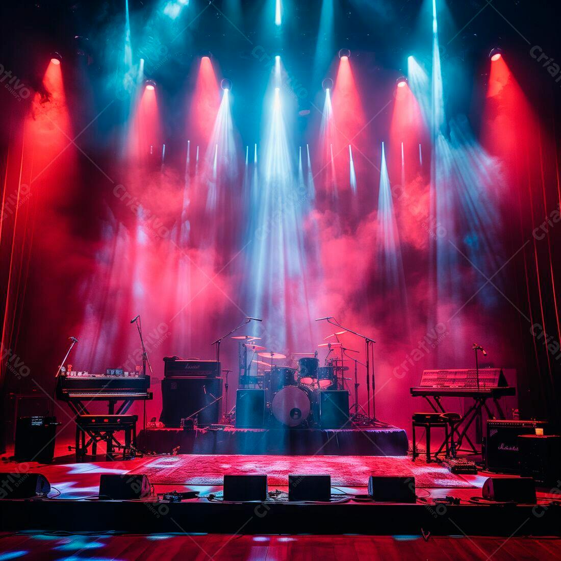 Palco de show com iluminação vermelha e azul