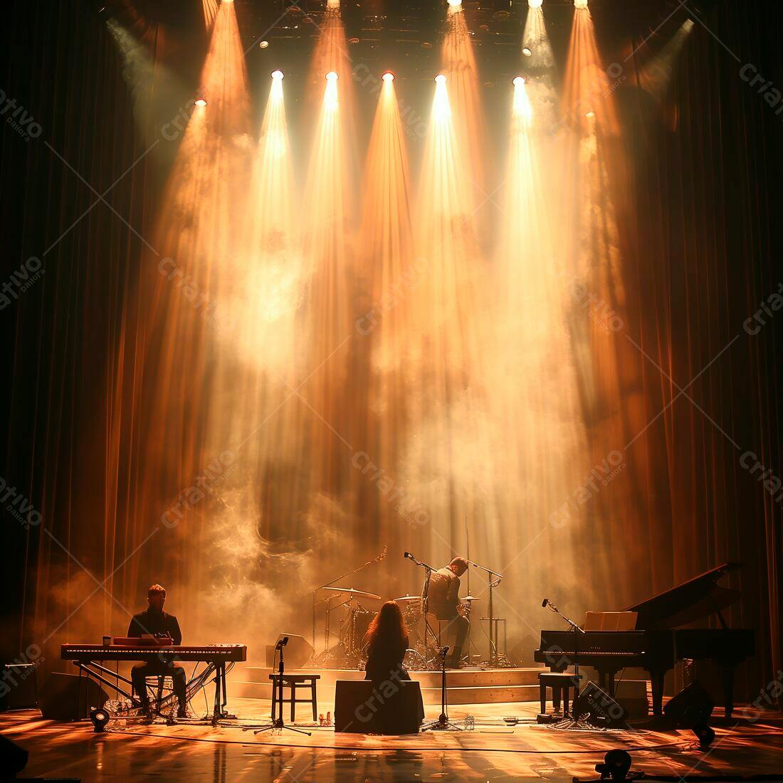 Banda musical em show com iluminação dourada