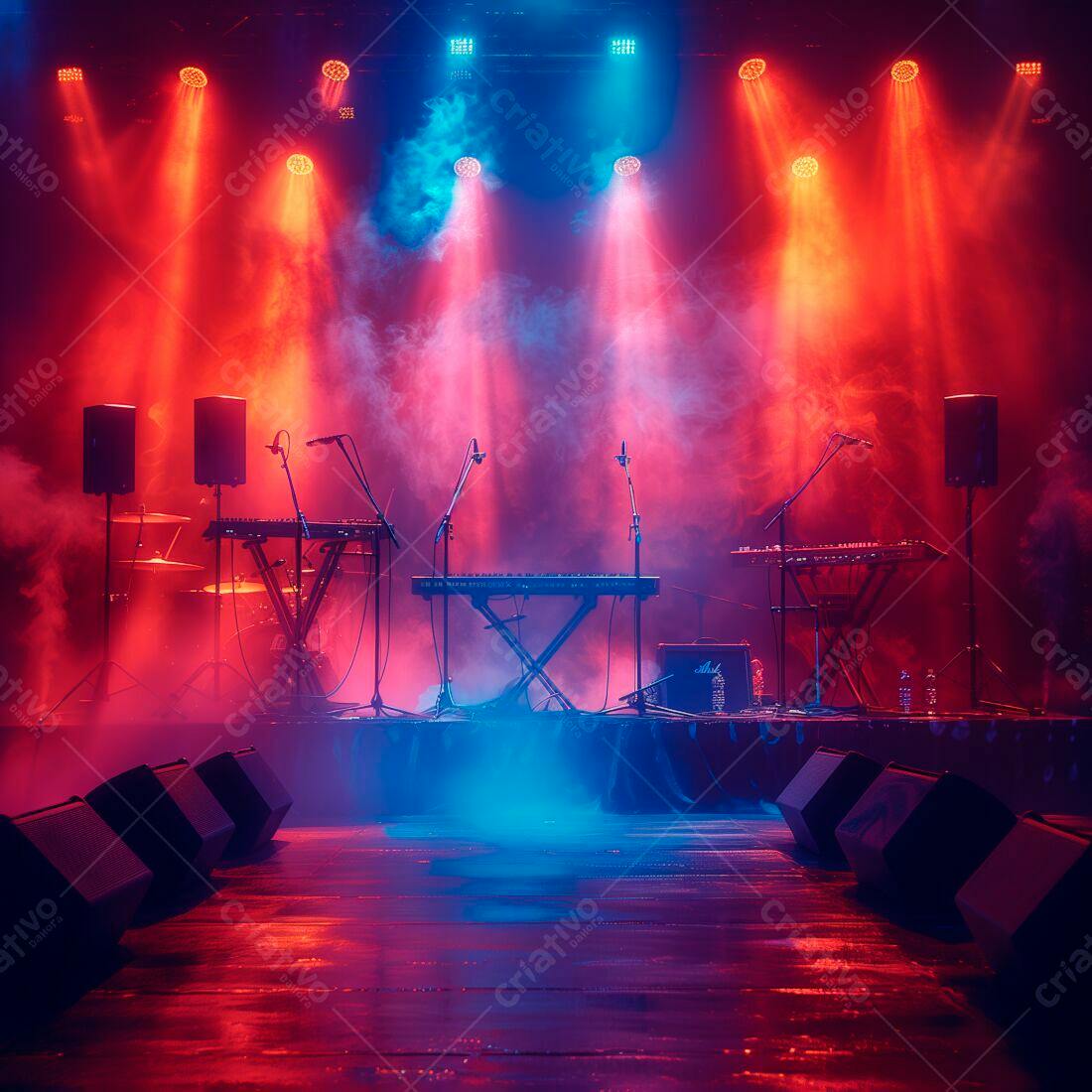 Palco de concerto com instrumentos e iluminação