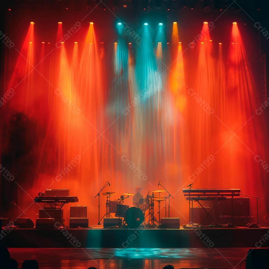 Palco iluminado com bateria e teclado