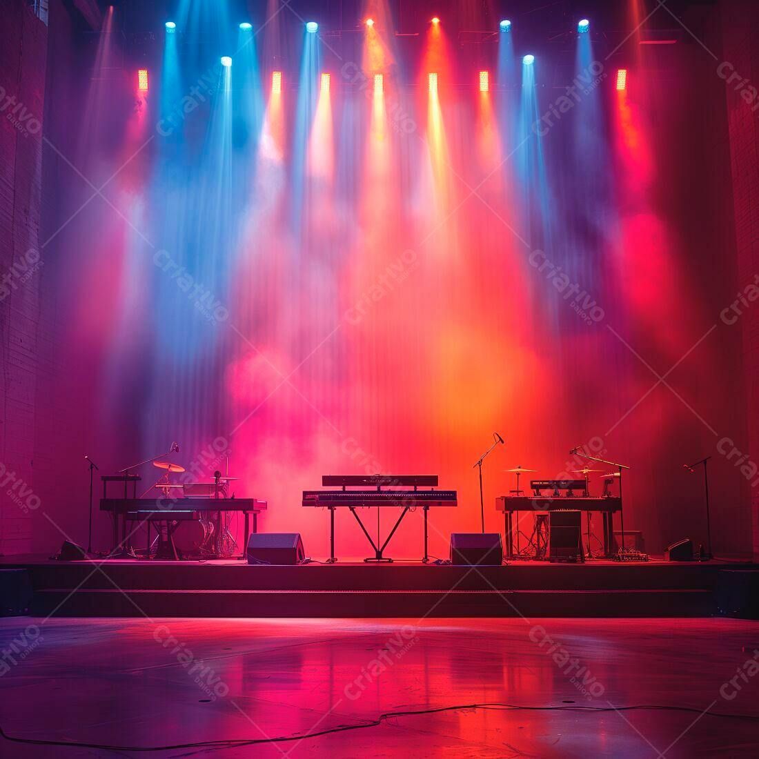 Palco com teclado iluminado em vermelho e azul