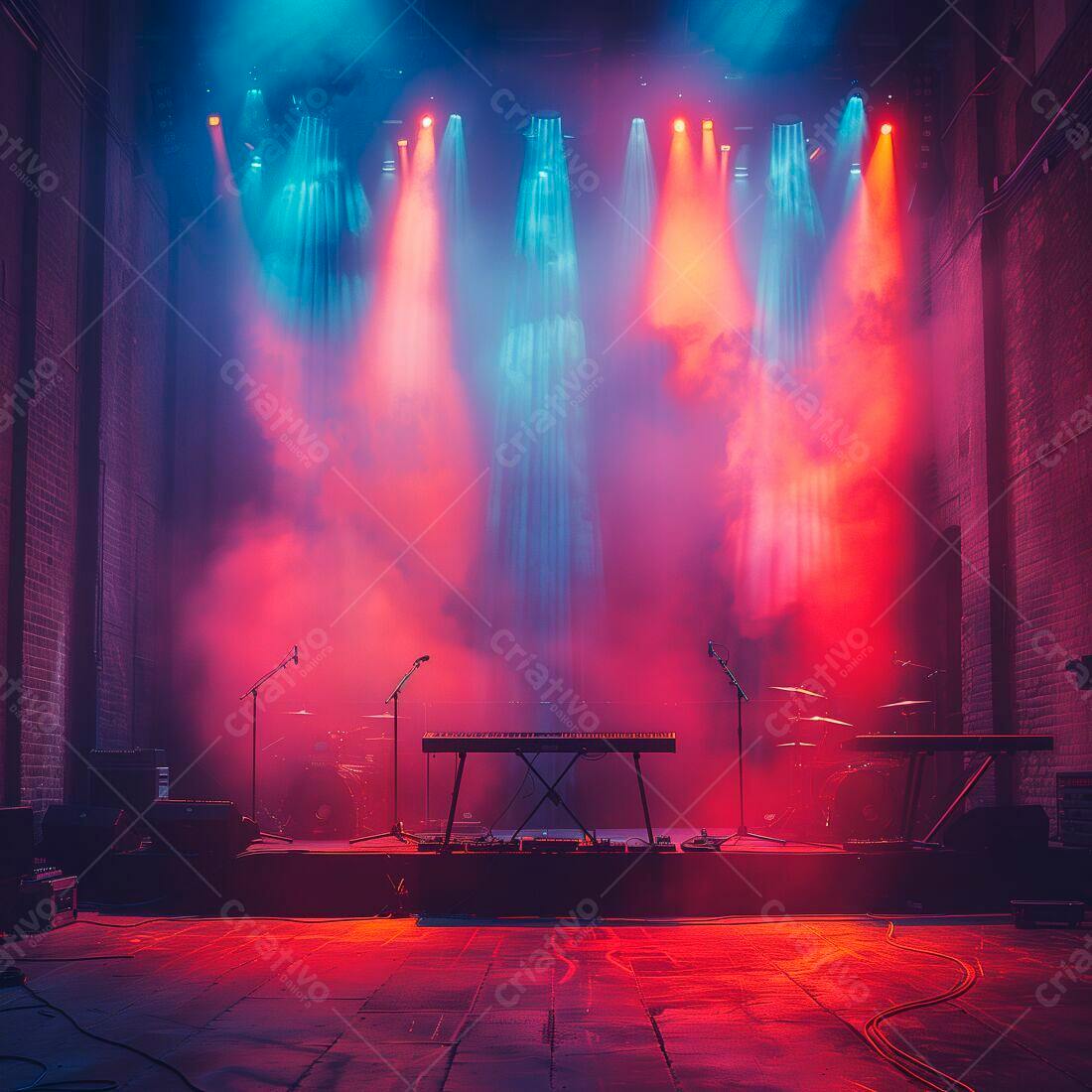 Palco iluminado com teclado e bateria