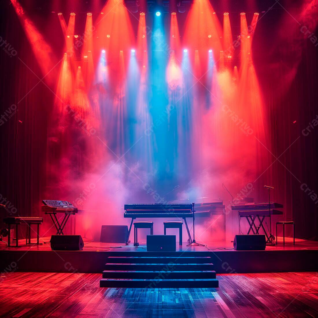 Palco com teclados iluminado em vermelho e azul