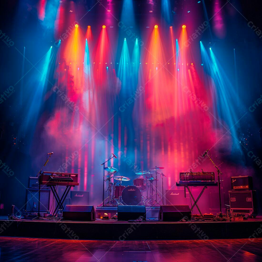 Palco de show com bateria e teclado