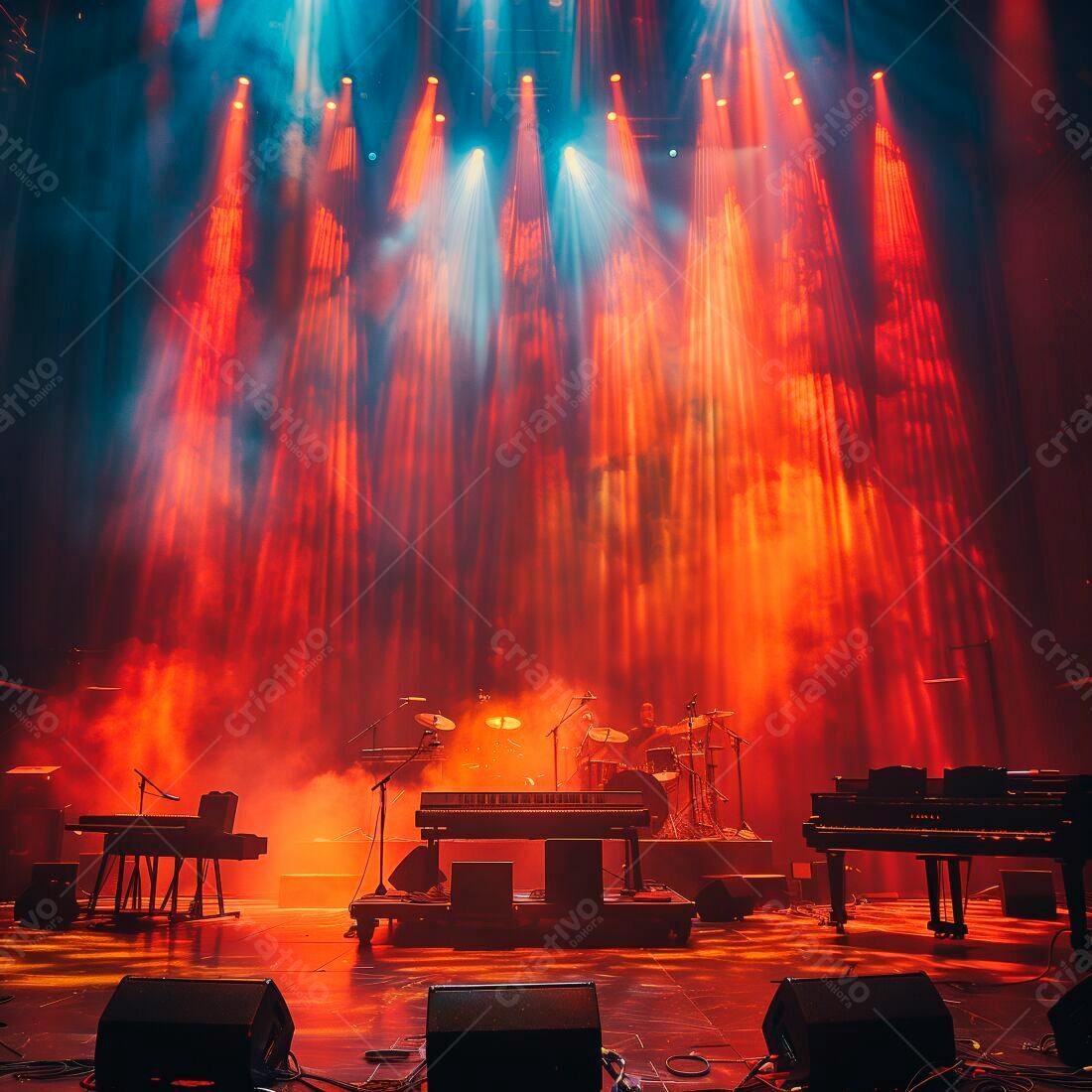 Palco de show com iluminação vermelha e azul