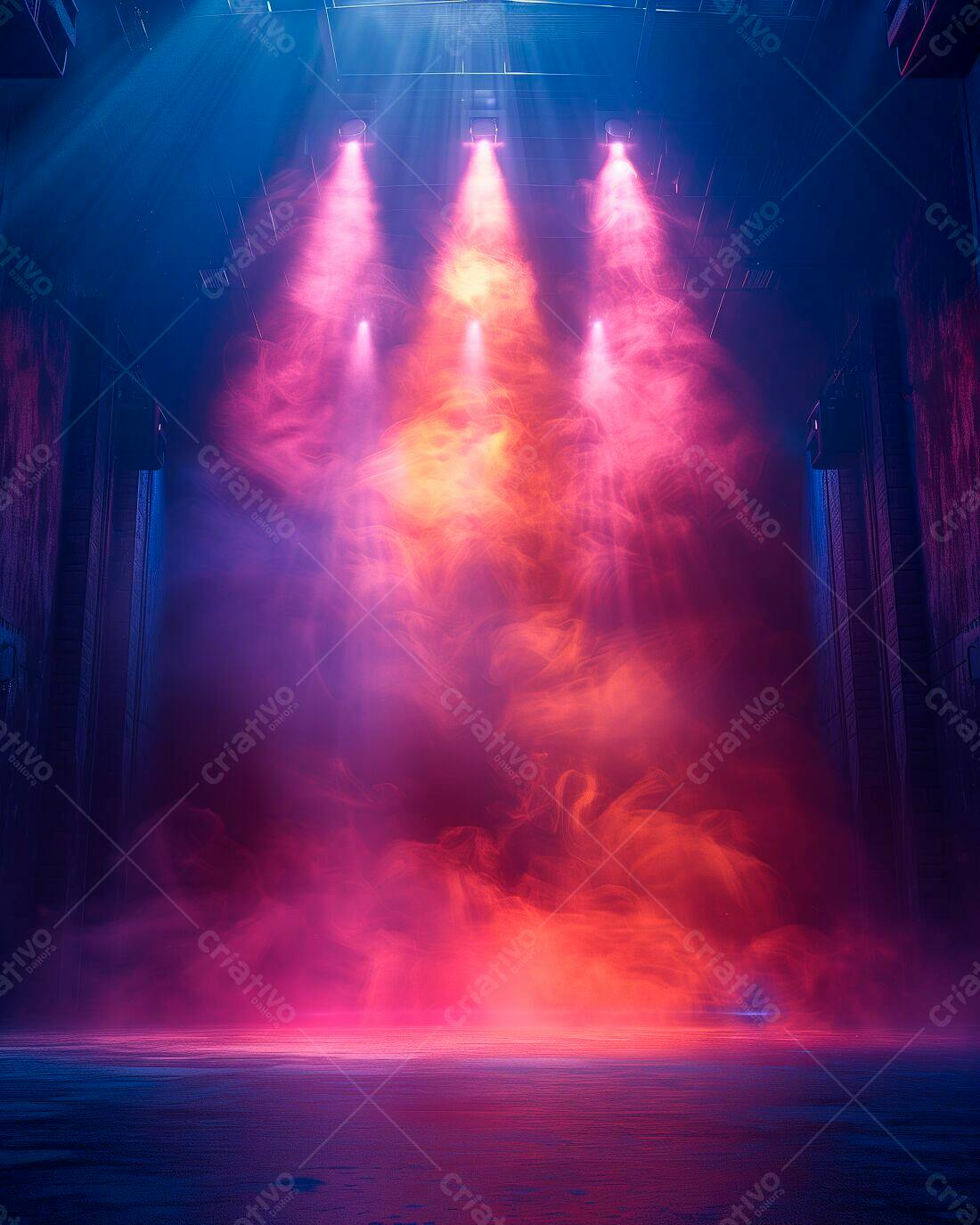 Palco com luzes rosa e azul em névoa