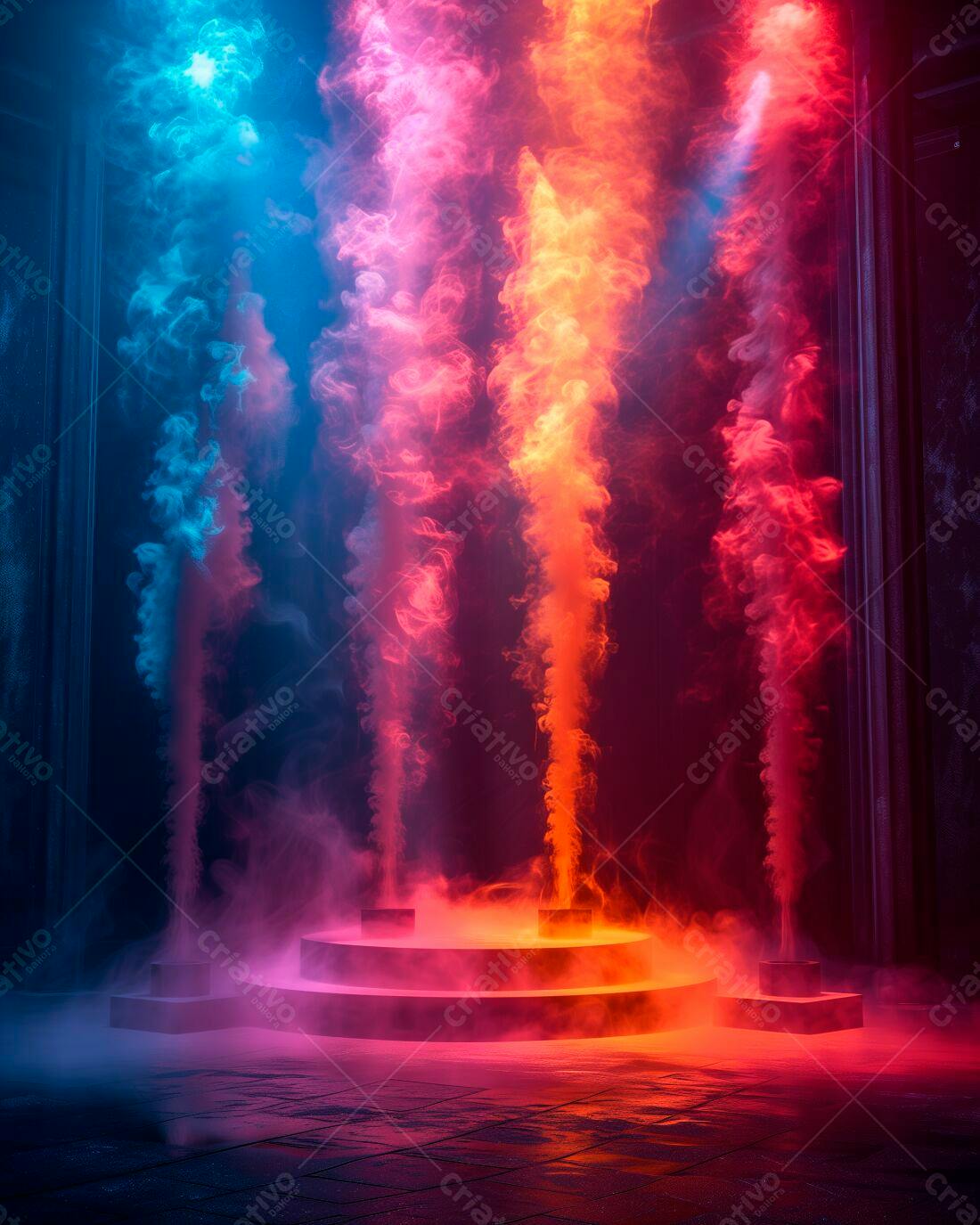Plataforma com fumaça colorida em estúdio