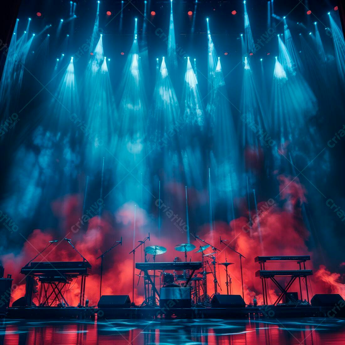 Palco de concerto com iluminação azul e vermelha