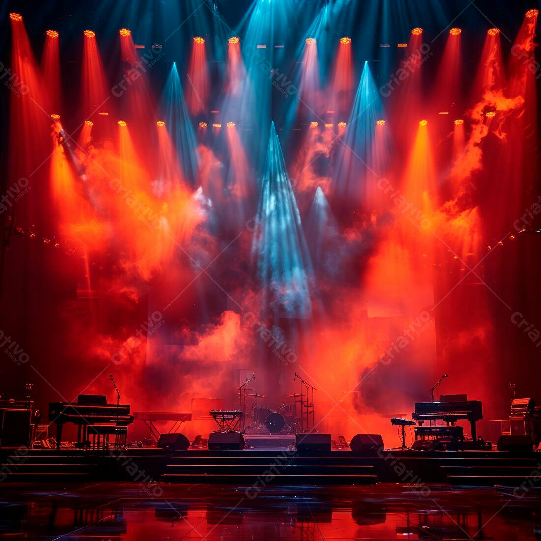 Palco iluminado com instrumentos musicais