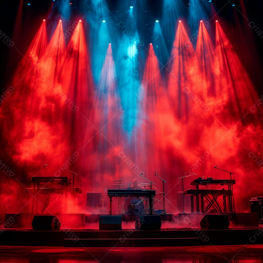 Banda em palco com iluminação vermelha e azul