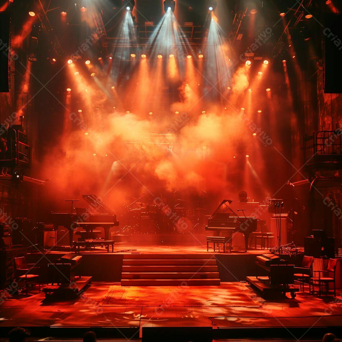 Palco iluminado com pianos em tons vermelhos