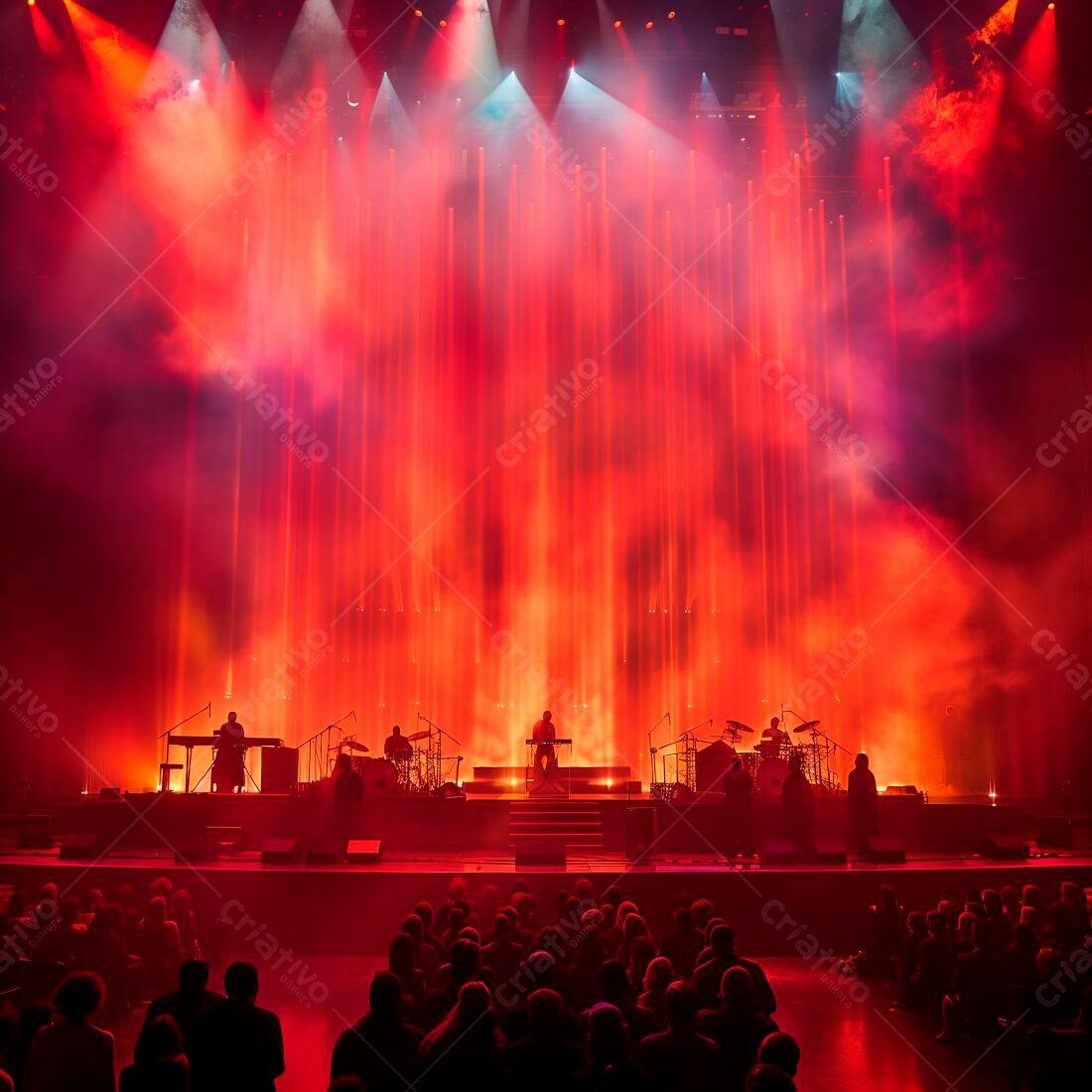 Banda tocando em show com iluminação vermelha