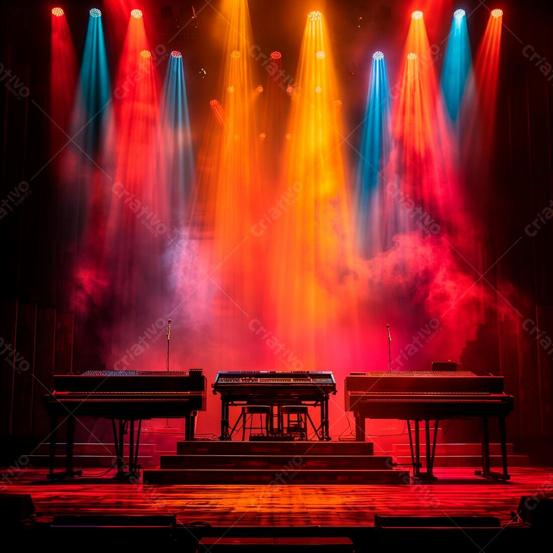 Pianos em palco com iluminação dramática