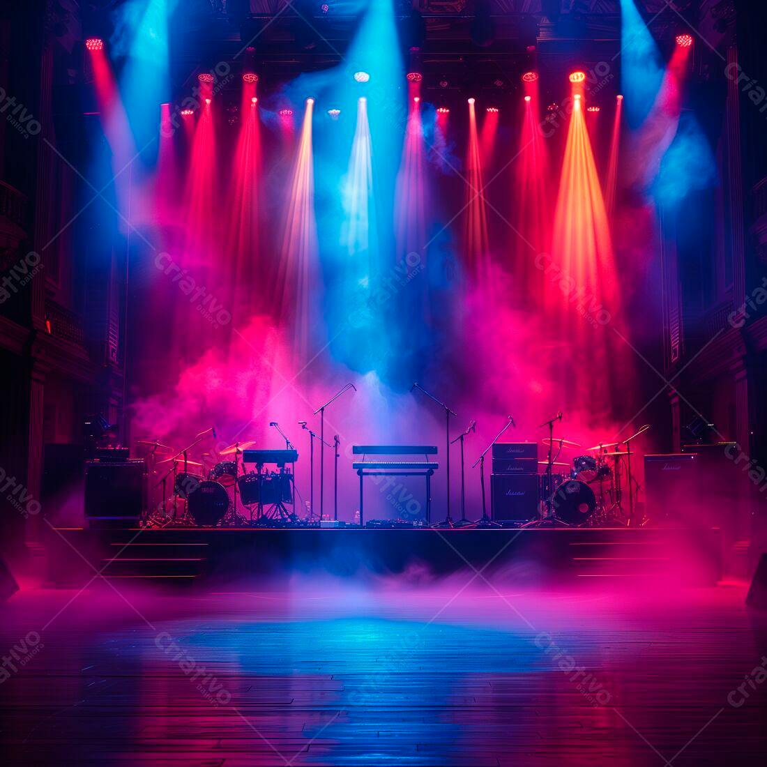 Palco de concerto iluminado com névoa