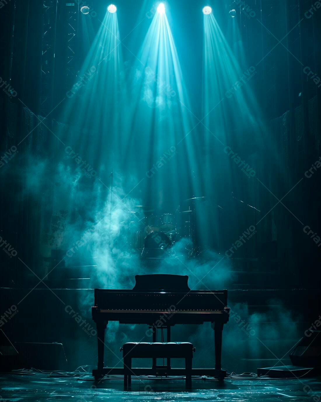 Piano de cauda em palco iluminado