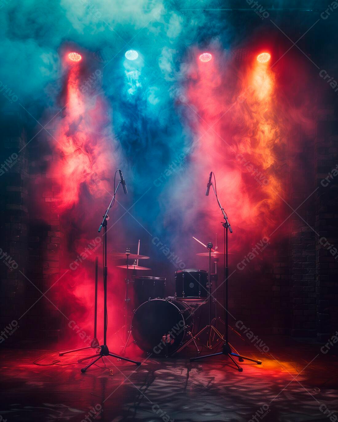Bateria em palco com iluminação vermelha e azul