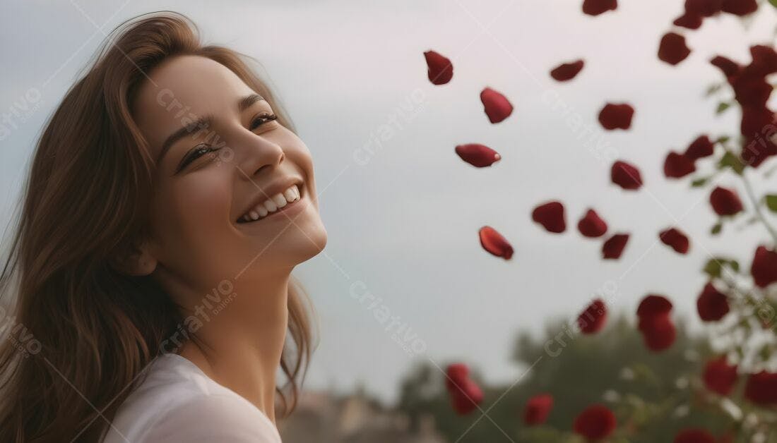 Mulher sorrindo com pétalas de rosa