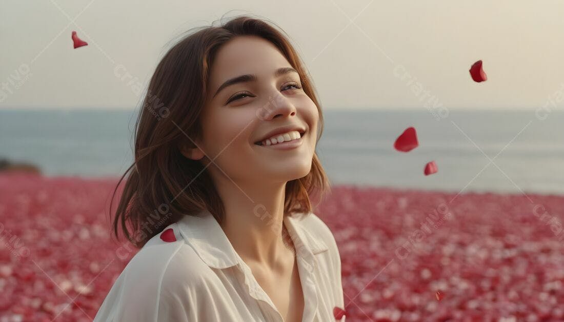 Mulher feliz pétalas de rosa praia