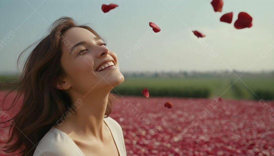 Mulher feliz em campo de rosas vermelhas