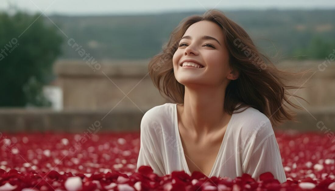 Mulher feliz em pétalas de rosas vermelhas