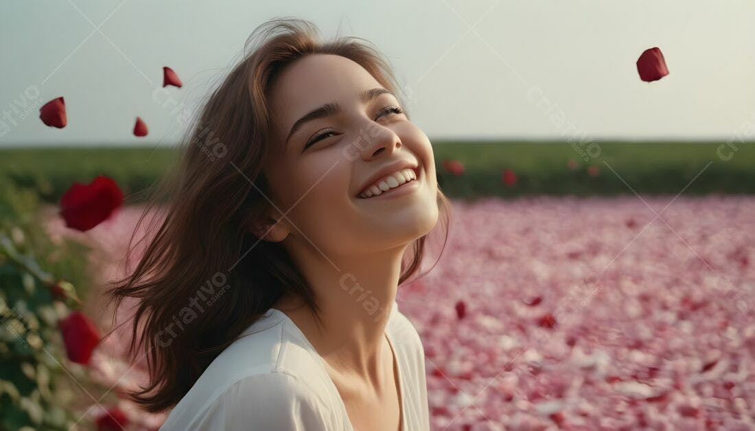 Mulher feliz em campo de pétalas de rosa