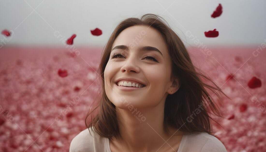 Mulher feliz em campo de pétalas vermelhas