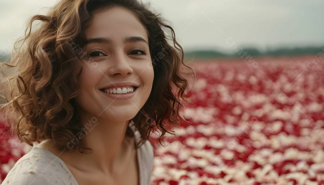 Mulher sorridente em campo de flores vermelhas
