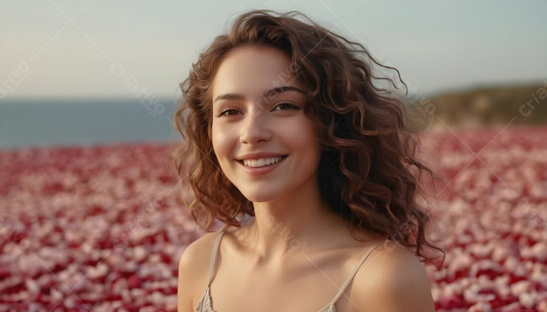 Mulher sorridente em campo de flores rosadas