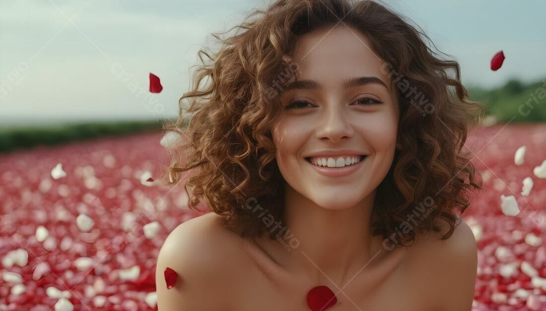 Mulher sorridente em campo de pétalas de rosa