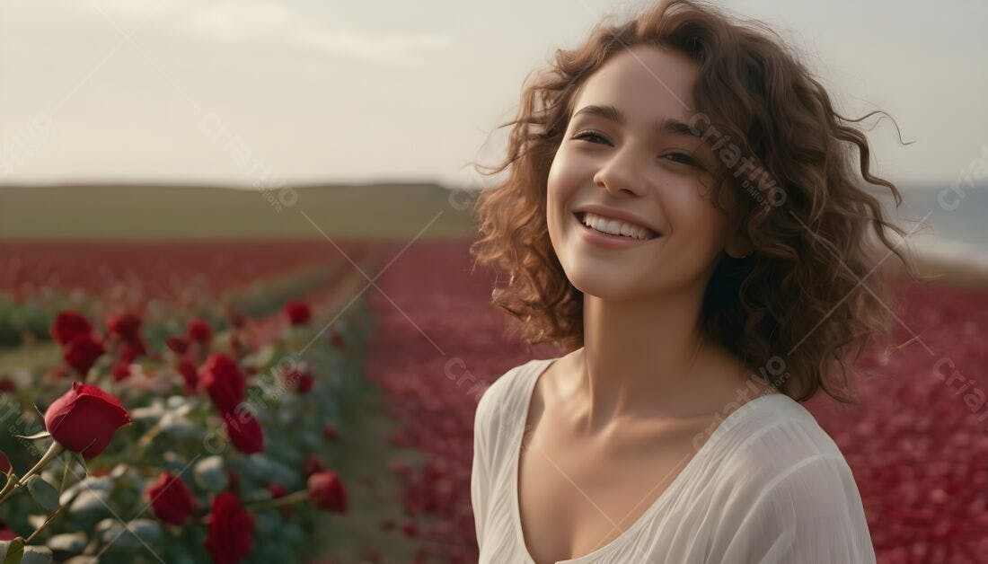 Mulher sorridente em campo de rosas vermelhas