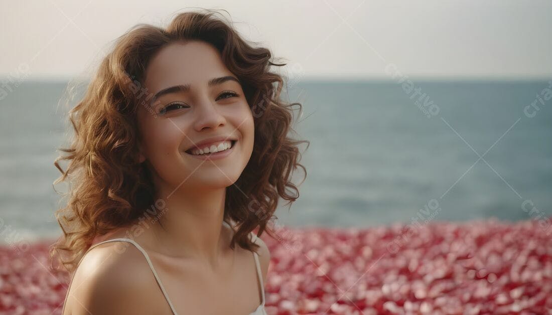 Mulher sorrindo flores mar praia
