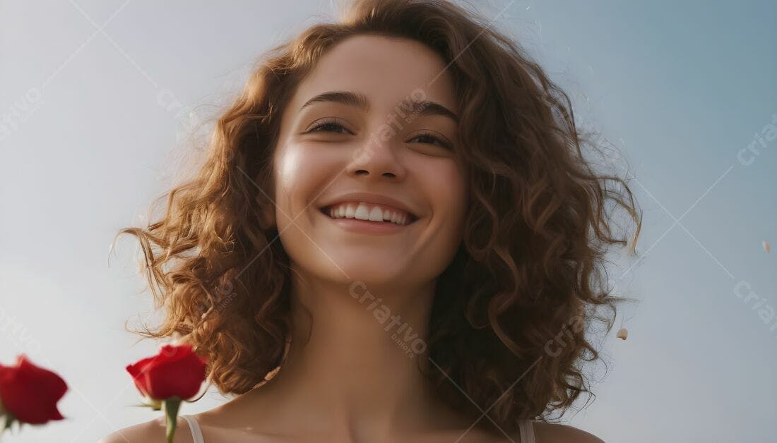 Mulher sorridente com rosas vermelhas ao ar livre
